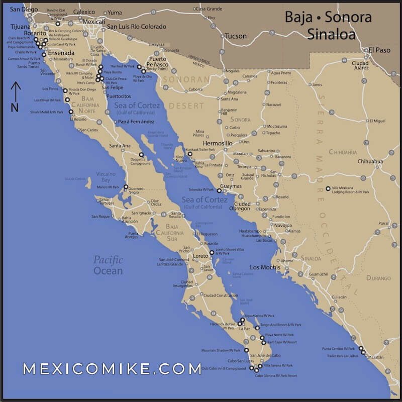 Baja California Sur, Baja California, Sonora and Sinaloa RV sites Map – click to download a free copy